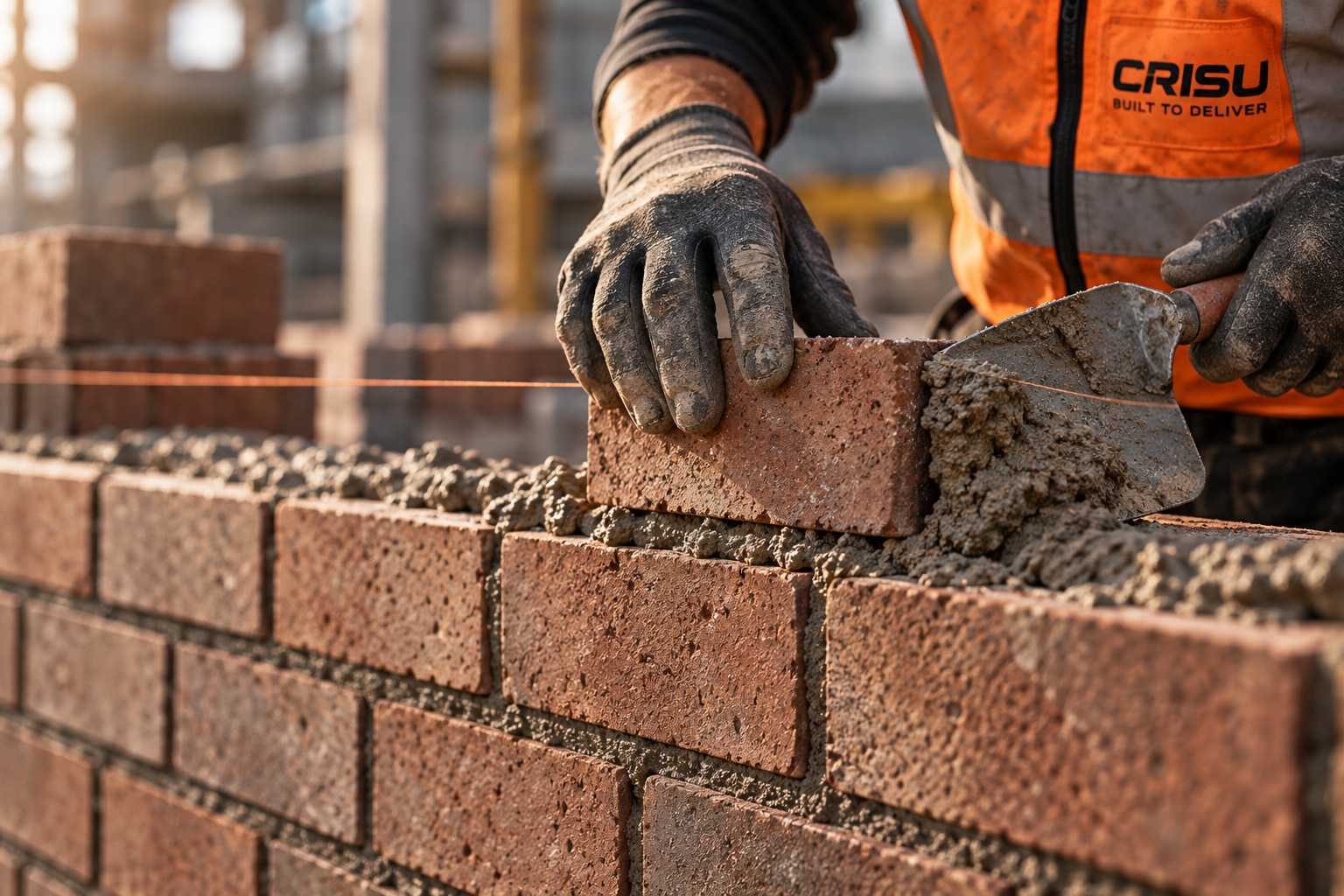 A CRISU bricklayer laying facing brick with a trowel