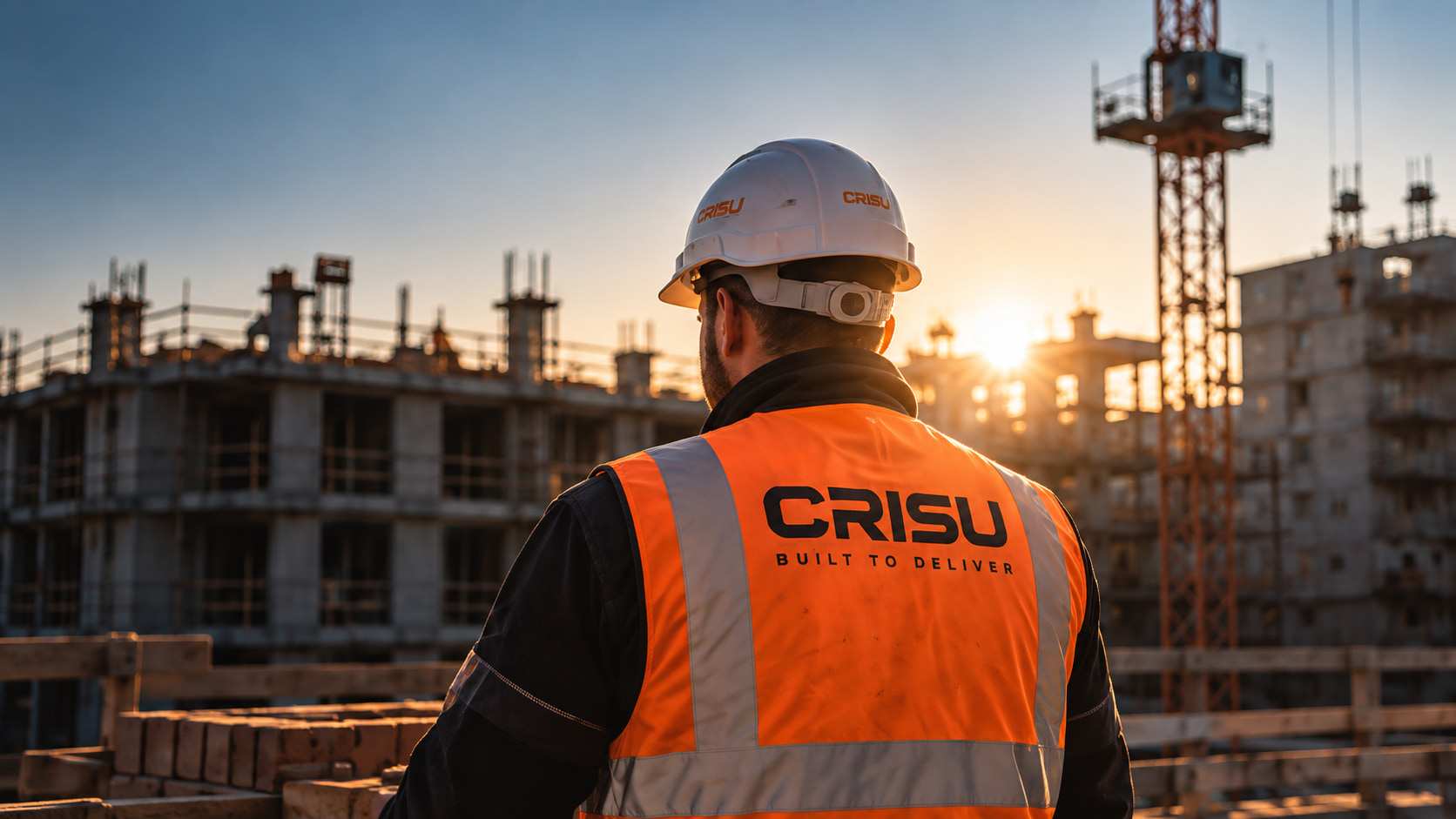 A CRISU operative in a branded hi-vis vest looking over a construction site at sunset