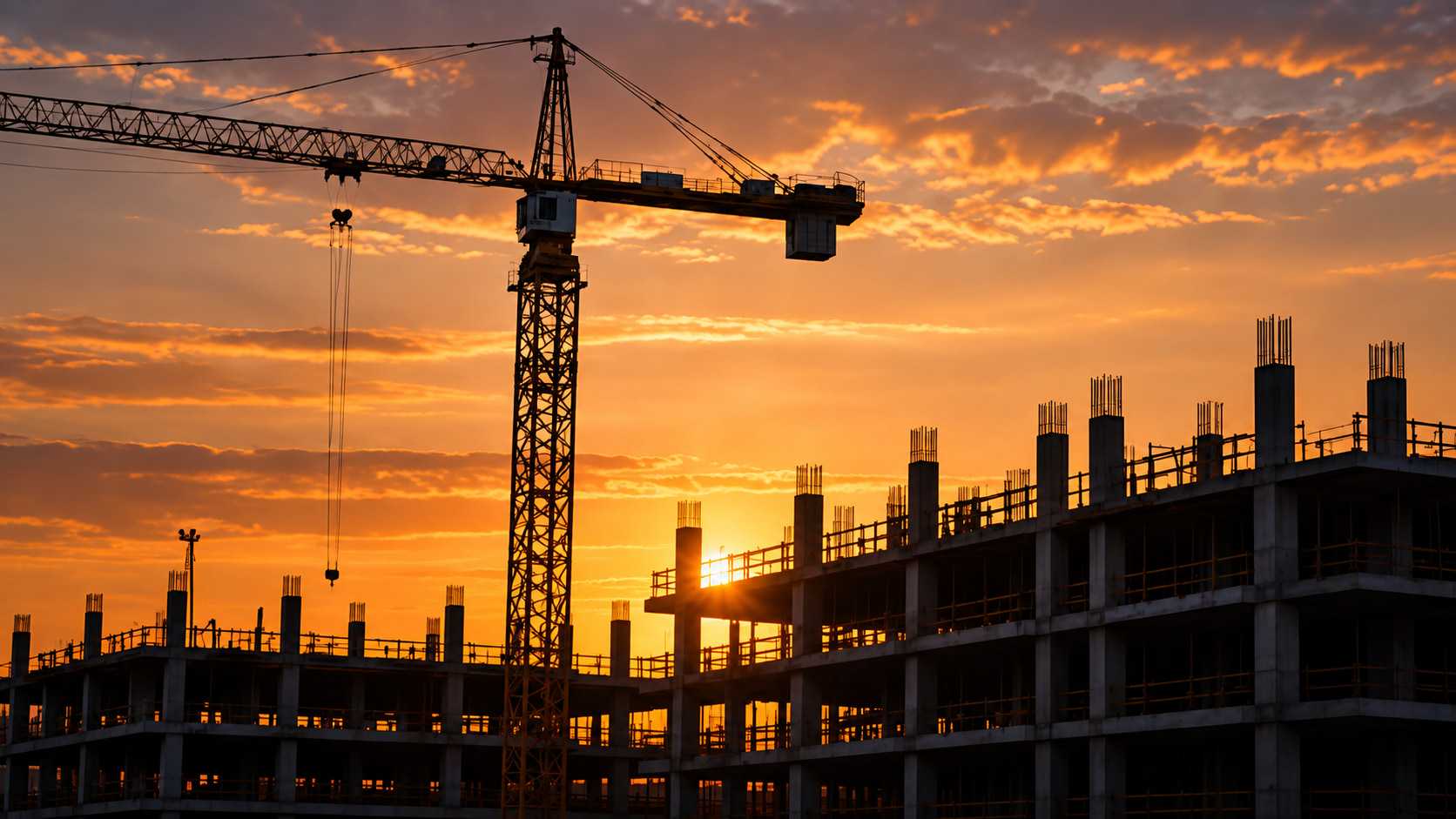 Tower cranes over a construction site at sunset