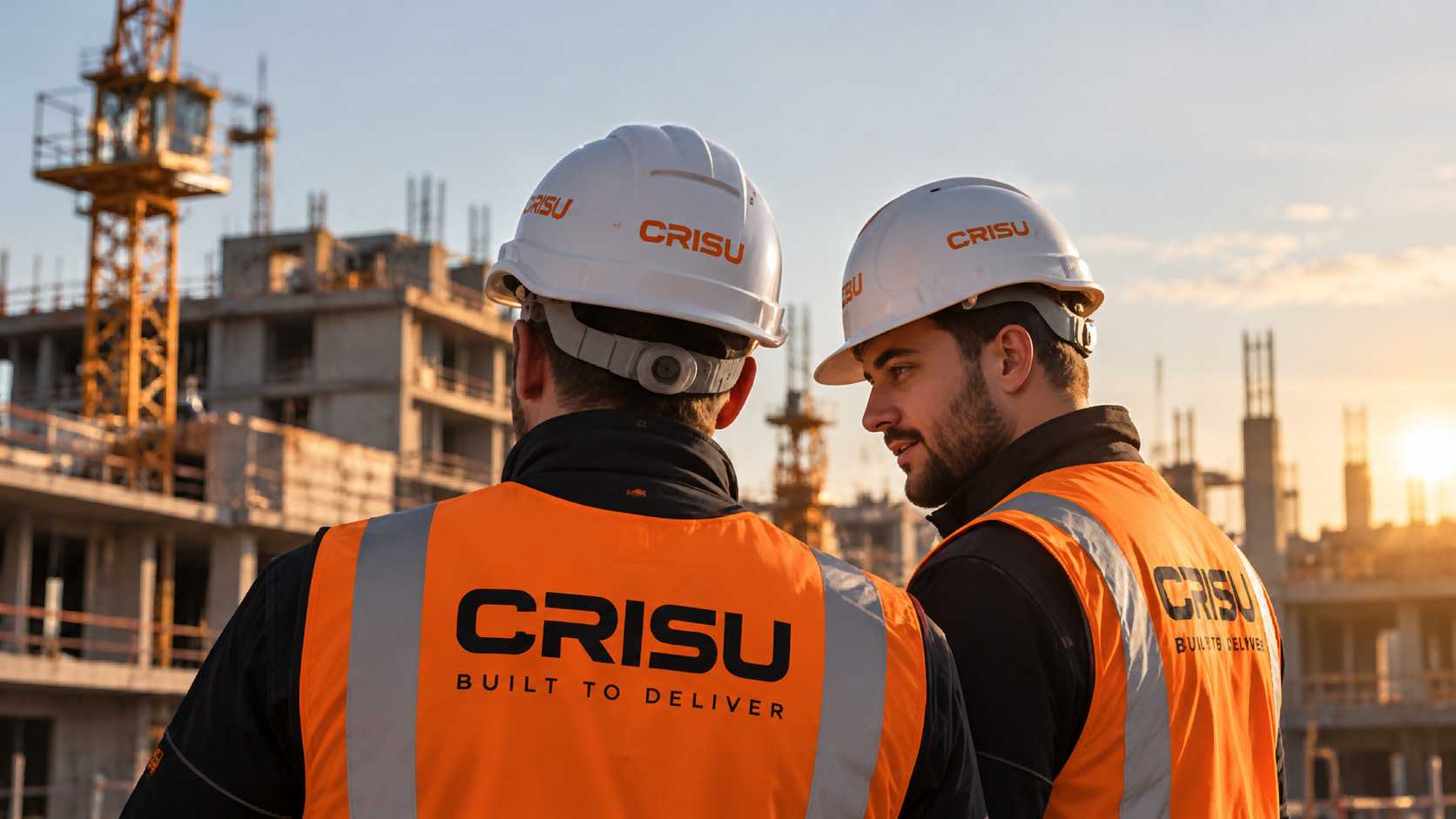 Two CRISU operatives in branded hi-vis vests on site